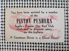 ORIGINAL 1950'S PISTON PUSHERS SEATTLE HOT ROD CLUB COURTESY CARD picture