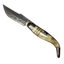 Vintage Spanish Navaja Pocket Knife 3in Etched Blade Toledo Spain Horn Handle picture