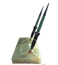 Vintage Sheaffer 505 Desk Fountain Pen Set Green Onyx Marble Base 14K Gold Nibs picture