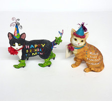 Whimsical Cat Birthday Figurines Lot of 2 Kitsch Festive Kitten Party Hat Resin picture