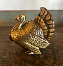 Vintage Brass Turkey Still Penny Bank Thanksgiving Fall Farm Autumn Animal Decor picture