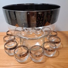 Vintage MCM Dorothy Thorpe Style Silver Rimmed Punch Bowl & 12 Roly Poly Glasses picture