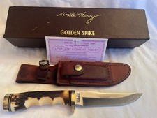 Vintage Schrade USA Golden Spike 153UH Knife Handle Sheath W/box & paperwork picture