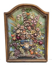 Polychrome Plaster Framed Panel bas relief an urn with bouquet of flowers picture