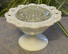 White Milk Glass Lace Edge Compote Pedestal Candy Dish Clear Flower Frog Vase picture