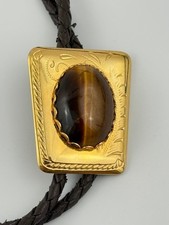 Vtg Tiger Eye Gold Tone Engraved Western Bolo Tie Cowboy Rodeo Southwestern picture