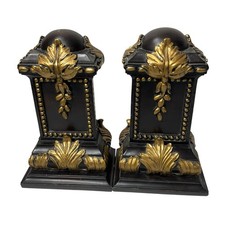 VTG Hollywood Regency Gold Gilded/Black Bookends Acanthus Leaf Pedestal 7” MCM picture