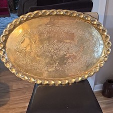 Large Oval Gold-Tone Metal Engraved Serving Tray Decorative Table Centerpiece picture