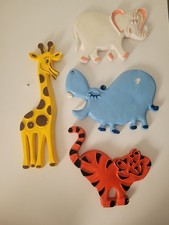 Vintage MCM Jungle Animals Plaster Chalkware Nursery Wall Plaques Elephant Tiger picture