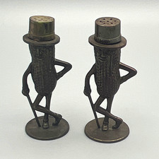 Vintage Bronze Metal Peanut Man Character Salt & Pepper Shakers Set Of 2 picture