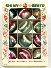 VTG 1950s Shiny Brite Mercury Glass Christmas Ornaments Lot 12 Striped Balls Box picture