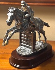 Female Equestrian Horse Sculpture Jumper Pewter-Finish Resin w/ Wood Base *Read picture