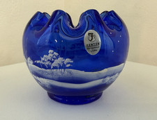 Vintage Fenton Rose Bowl in Cobalt Blue Hand Painted & Signed by B. Pezzoni picture