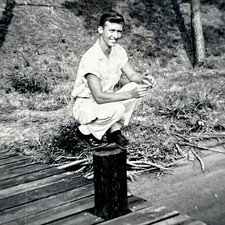 1940s Handsome Young Man Crouching On Post Quirky Vintage Snapshot Photo picture