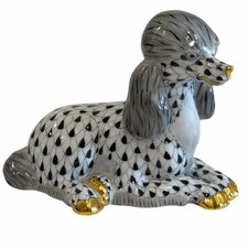 Herend Poodle Dog Hand-Painted Porcelain Sculpture White Black Fishnet Gold picture