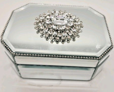 Hollywood Regency Mirrored Trinket Box Jeweled Rhinestone Lid Velvet Lined 8