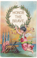 c1908 Honor the Brave~Cherub Raises Laurel Wreath~Vintage Patriotic Postcard picture