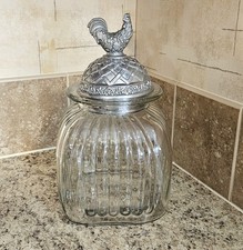 Vintage Artland Ribbed Glass Canister with Rooster Lid Pewter Farmhouse picture