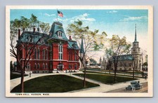 Vintage Massachusetts Postcard HUDSON Town Hall 1928 to Andover MA picture