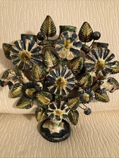 Vintage Mexican Pottery Tree of Life Candelabra Floral Folk Art Candle Holder picture