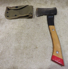 Rare Vintage Camping Hiking Hatchet Axe Wood Handle w/ Green Canvas Sheath -SEE picture