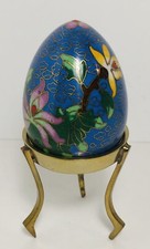 Vtg Cloisonné Blue Enameled Brass Egg With Brass Stand picture
