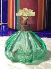 Vintage Green Etched Glass Perfume Bottle With Floral Top- 3” Tall- Beautiful  picture