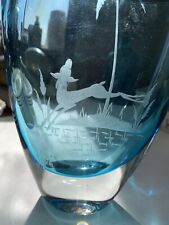 Signed Blown Art Glass Vase Deer Palm Tree, Star Etched Heavy Polished Base Blue picture