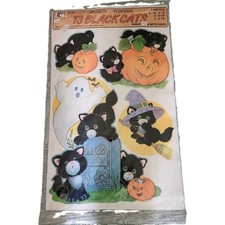 Vintage Peck Velvet Flocked Black Cat Pumpkin Halloween Die Cut Window Decor NOS picture