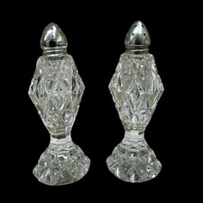 Cut Glass Diamond Pattern Set of Salt And Pepper Shakers w/Twist Caps picture