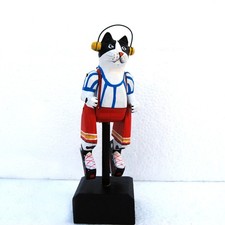Vtg Handcrafted Wooden Folk Art Jointed Cat Figurine Wearing Roller Skates 7.5