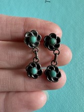 Vintage Old Pawn Native Sterling And Turquoise Flower Dangles picture