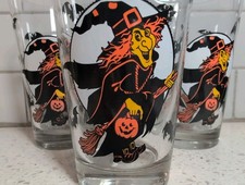 Vtg Libbey Halloween Drinking Glass Witch and Bats Beverage Tumbler, Set of 3 picture