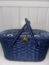Vintage Sewing Basket Box Handles Navy Blue Wicker Paisley Top. Philippines 14x6 picture