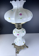 Vintage GWTW Milk Glass Table Lamp Hand Painted Floral Brass Base Hurricane picture