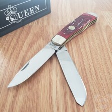 Queen Big Boy Trapper Pocket Knife 1095 Steel Blades Red Jigged Bone Handle 7555 picture