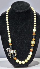 Vintage Chinese Cloisonné Enamel Horse Necklace Ivory Tone & Black Beads Stateme picture