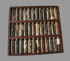 Antique Seed Salesman Sample Case 36 Glass Vials Botanical Farm Seed Collection picture