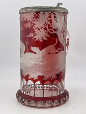 antique Egermann ruby engraved stag and hound pewter and glass lid beer stein picture