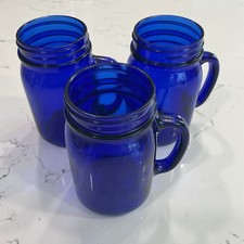 Set of 3 Vintage Cobalt Blue Glass Pint Size Handled Jar Mugs - Not For Canning picture