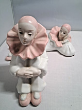 Pierrot Ceramic Clown Figurines Harlequin Pink Ruffle White Art Deco picture