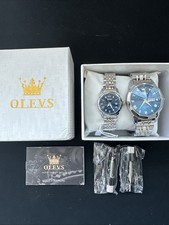 OLEVS Quartz Couple Watch Pair Blue Dial Stainless Steel Day Date New picture