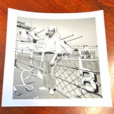 Vintage 1962 Black & White Portrait Photo of Navy Sailor on Ship Deck picture