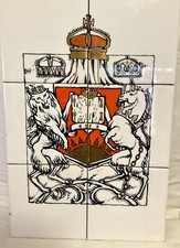 Vintage Royal Coat Of Arms Of The UK Ceramic Tiles On Wood Base Gold Detailing picture