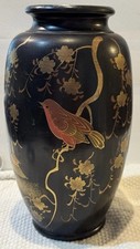 Vintage Hand Painted Bird Motif Gold Gilt Black Japanese Pottery Vase Lamp Body picture
