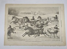 Thomas Worth TROTTERS ON THE SNOW Horse Pulling Sleds 1869 Antique Print Matted picture