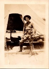 Vintage WWI Era Photo Young US Soldier Military Uniform Tent Camp Sepia Snapshot picture