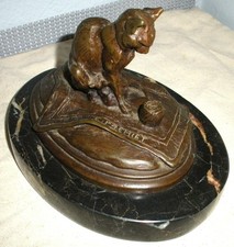 VINTAGE EMMANUEL FREMIET BRONZE OF CAT W/ A SPOOL OF THREAD MARBLE BASE vafo picture
