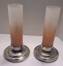 Art Deco F.T. Haffner Pink/White Glass & Chrome Base Candle Holders ****** picture