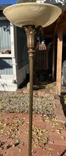 Antique 1920s Art Deco Torchiere Marble Floor Lamp Embossed Glass Floral Shade picture